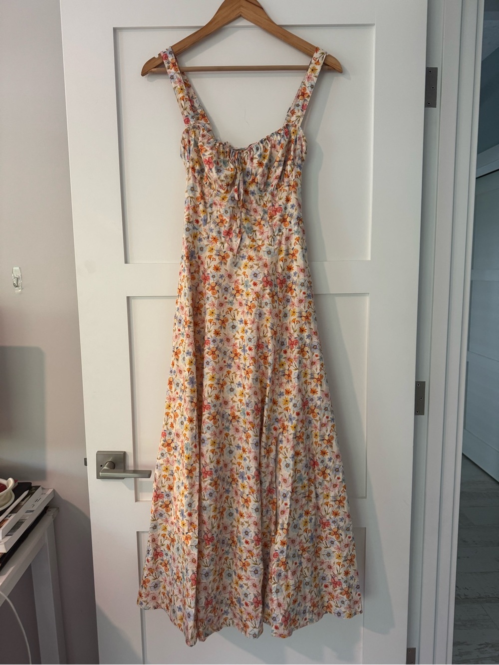 Petal & Pup Cream Midi Dress with Orange, Pink & Green Floral Print